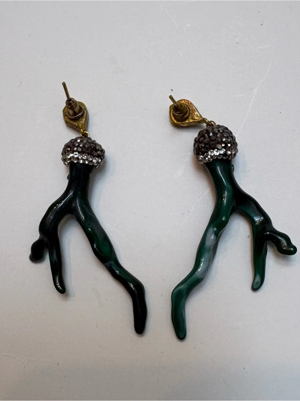 Green Coral Branch Drop Earrings with Rhinestone Caps